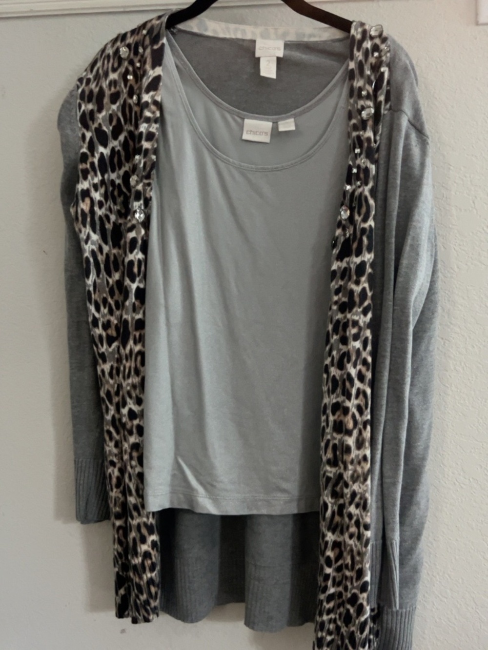 Chico’s Size 2 Leopard Embellished Cardigan & Metallic Tank 2 Piece Set